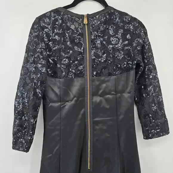 Frankie Morello Gala-Ready Glam Black Satin Sequin Lace Sheath Pencil Dress 40 - Picture 9 of 11